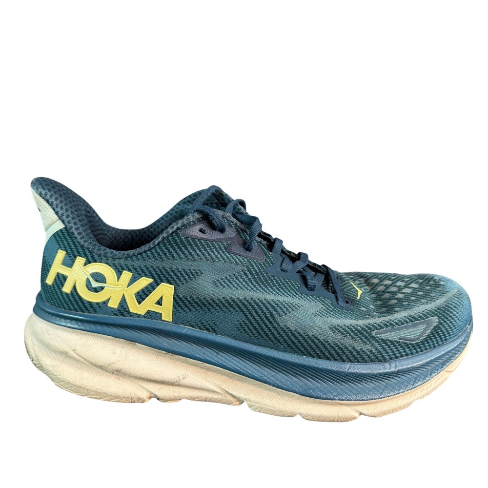 Hoka Clifton 9 Mens Teal Blue Yellow Running Shoes 1127895-BBLC Size 11